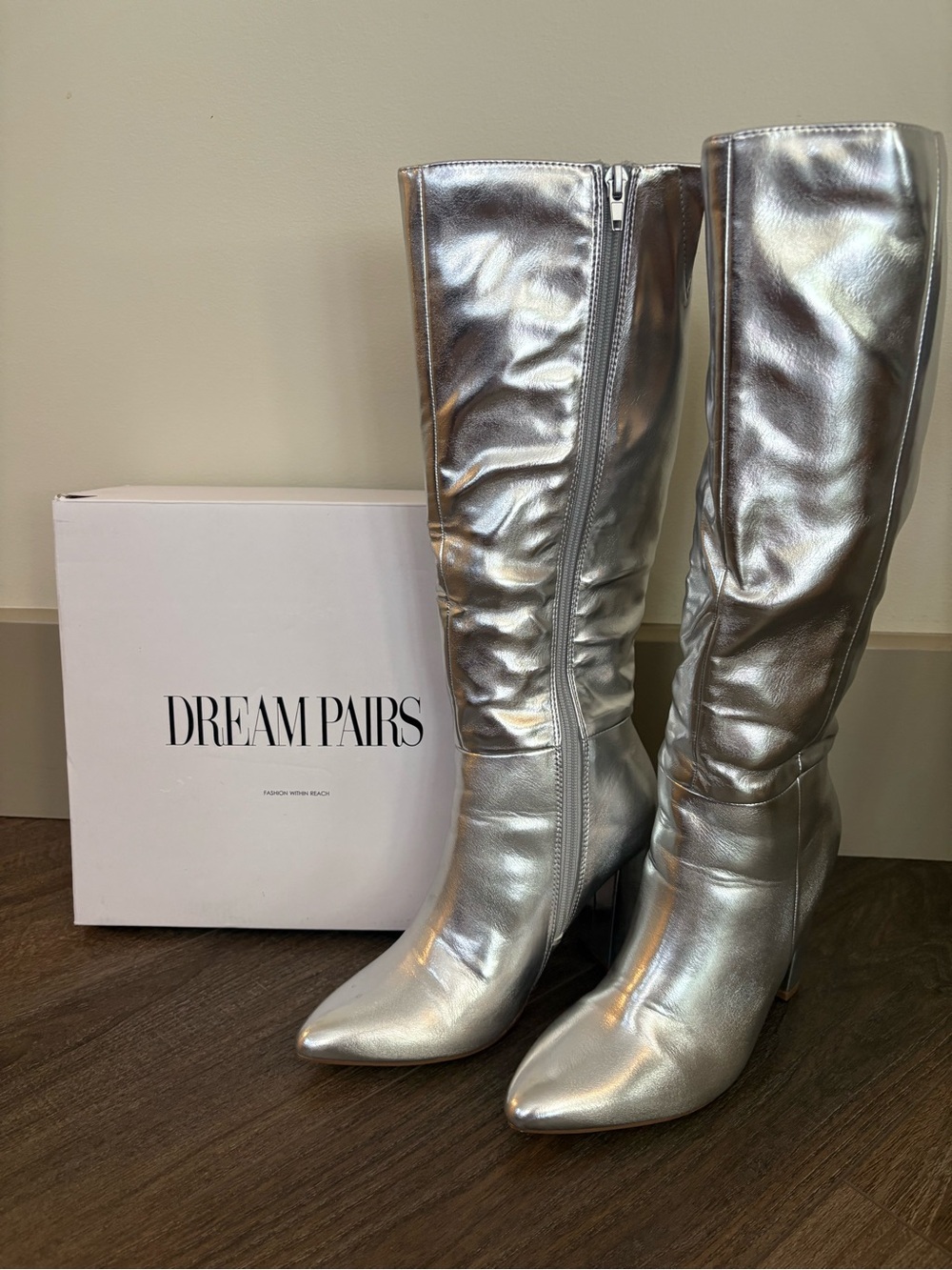 Dream Pairs Metallic Silver Knee-High Pointed Toe Boots